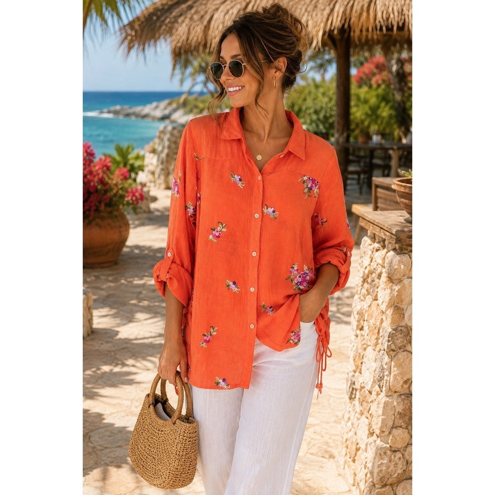 Women’s Orange Floral Button-Up Blouse